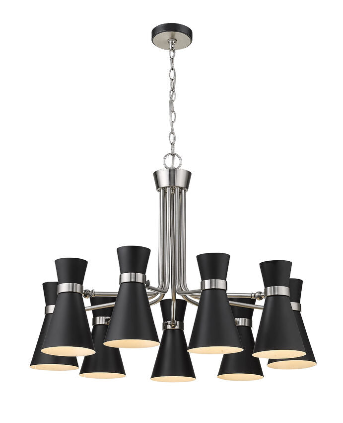 Soriano 9-Light Mid Century Cone Chandelier Pendant in Black + Silver
