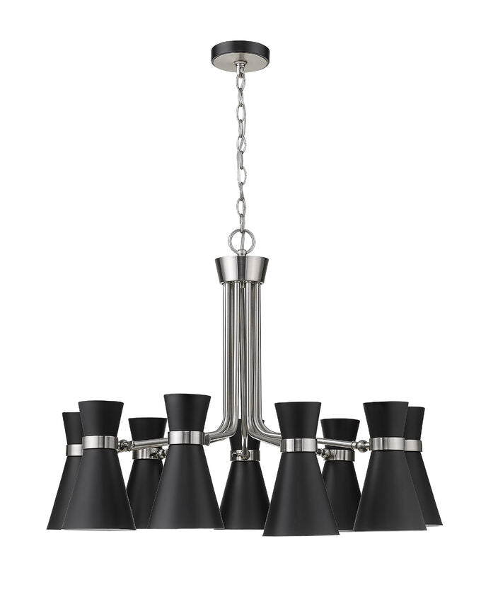 Soriano 9-Light Mid Century Cone Chandelier Pendant in Black + Silver