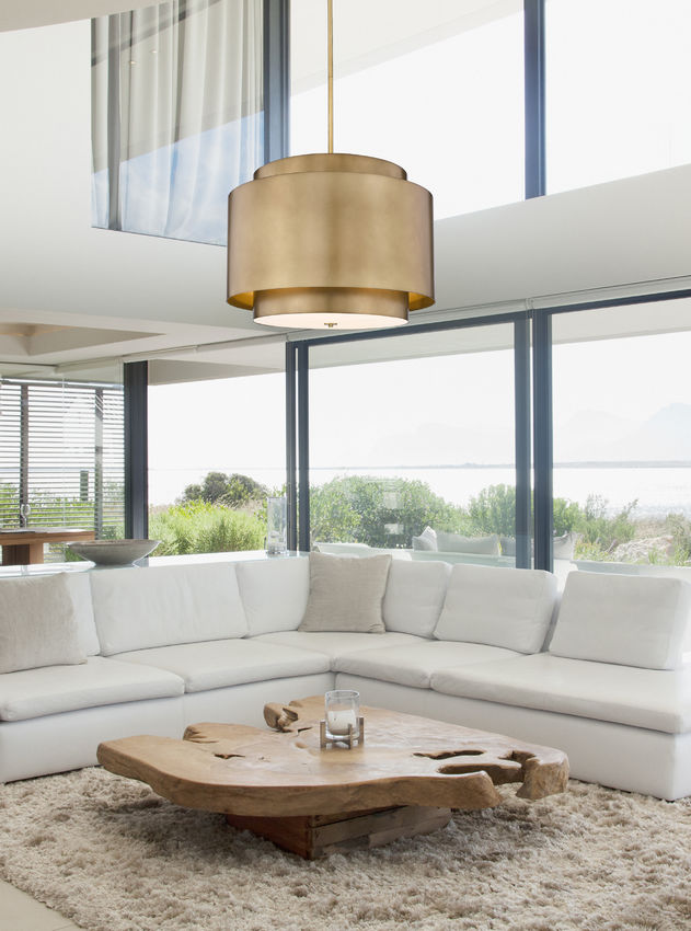 Harlech Large 4-Light 32" Modern Curved Aged Brass Metal Drum Pendant Light