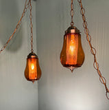 Pair of Vintage Pear-Shaped Amber Glass Globe MCM Pendants with Brass Plug-In Hardware