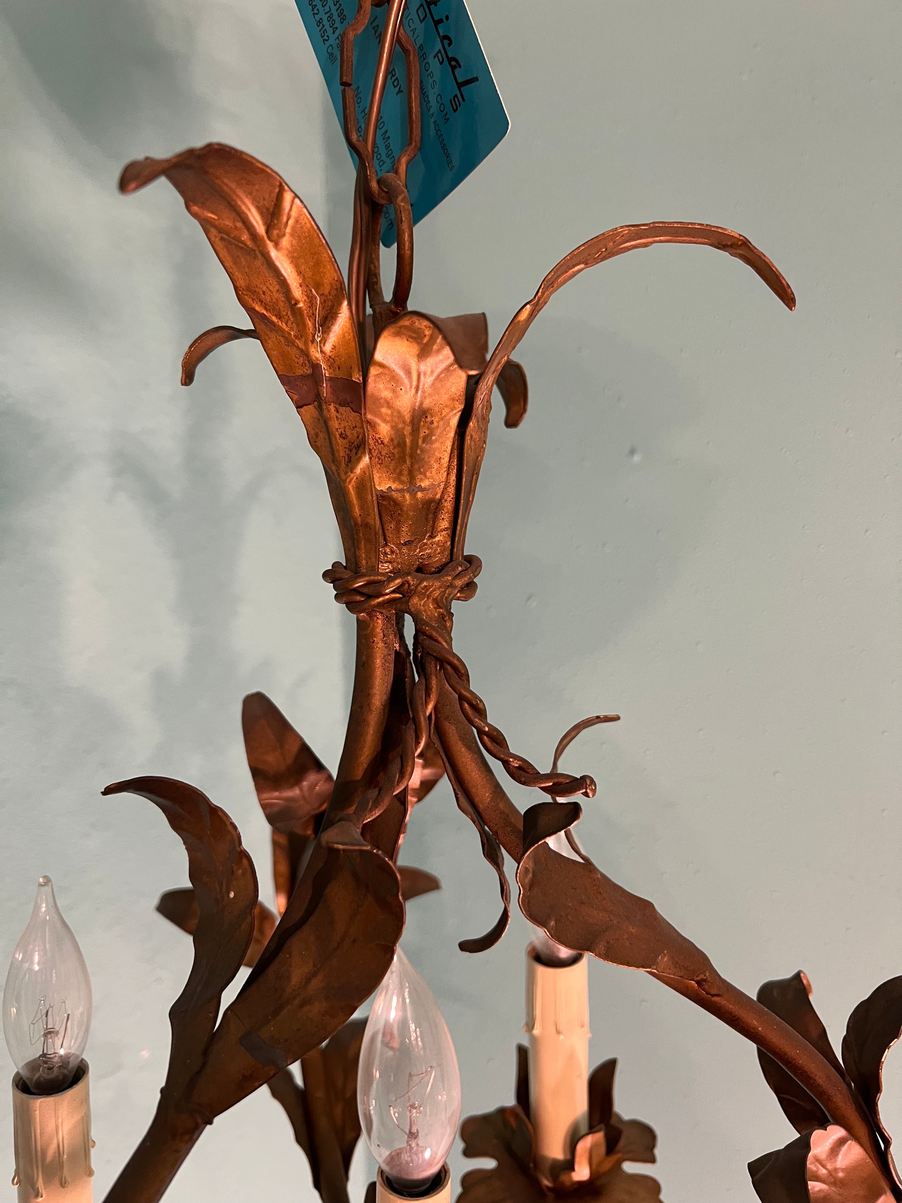 Vintage 1960s Italian Tole 4-Light Gold Leaf Floral Chandelier MCM