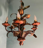 Vintage 1960s Italian Tole 5-Light Painted Floral Chandelier MCM Pendant