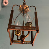 Vintage 1950s 1960s Brass Hanging Lantern Pendant with Etched Glass Panels.