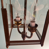 Vintage 1950s 1960s Brass Hanging Lantern Pendant with Etched Glass Panels.