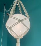 12" Acrylic Globe Swag Pendant Light with Handmade Macrame Holder by Practical Props