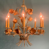 Vintage Italian Tole Hand-Painted 8-light chandelier with Metal Flowers and Patina