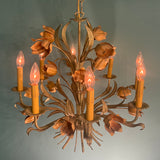Vintage Italian Tole Hand-Painted 8-light chandelier with Metal Flowers and Patina