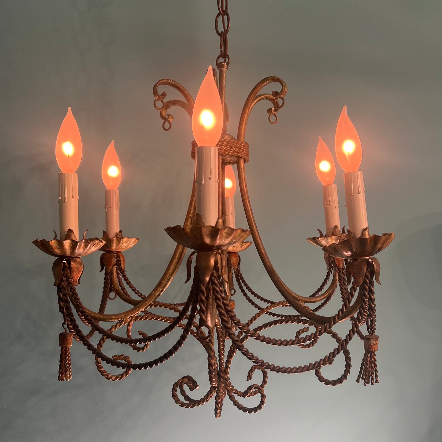Vintage Italian Tole Hand-Painted 6-light Gilt Chandelier with Tassels and Patina