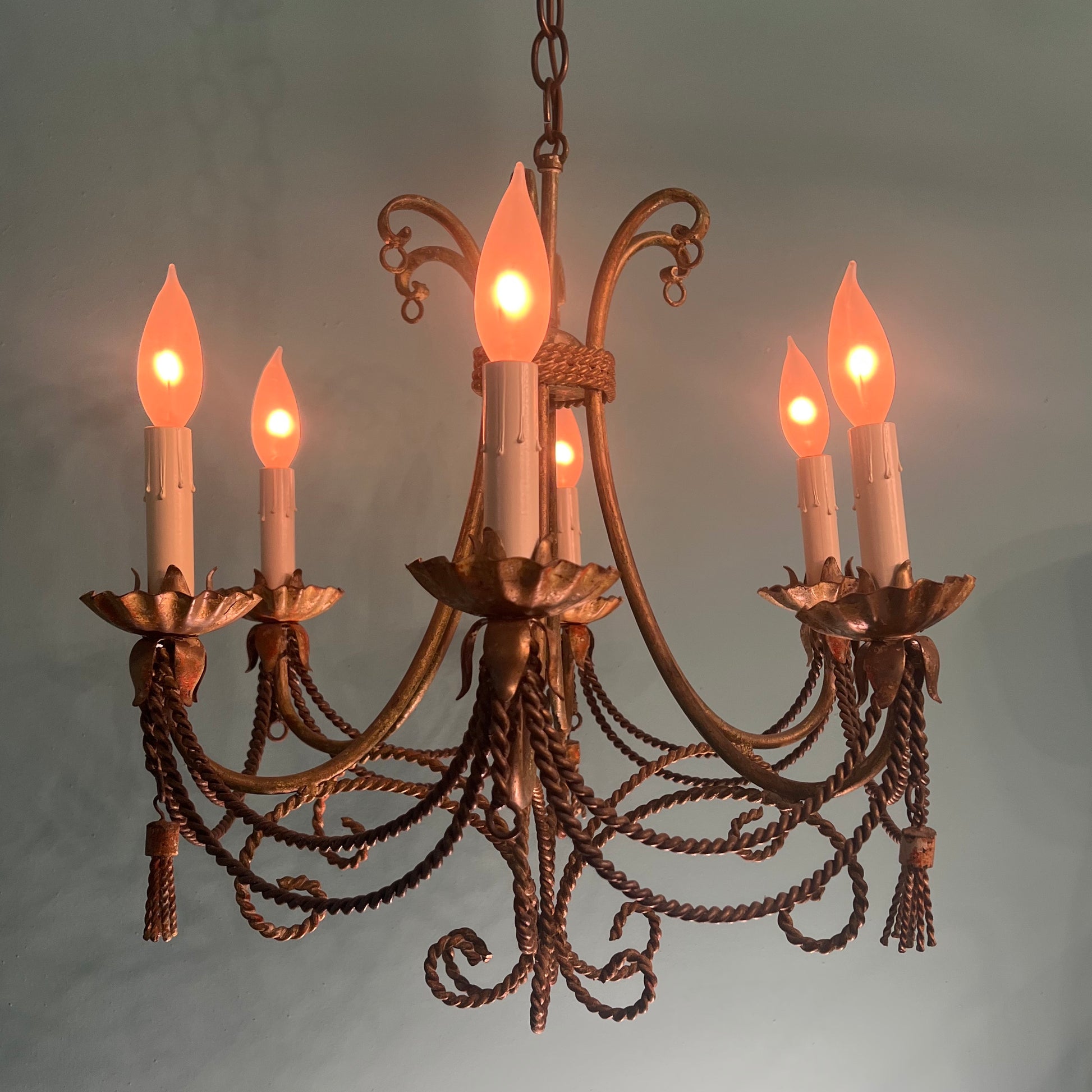 Vintage Italian Tole Hand-Painted 6-light Gilt Chandelier with Tassels and Patina