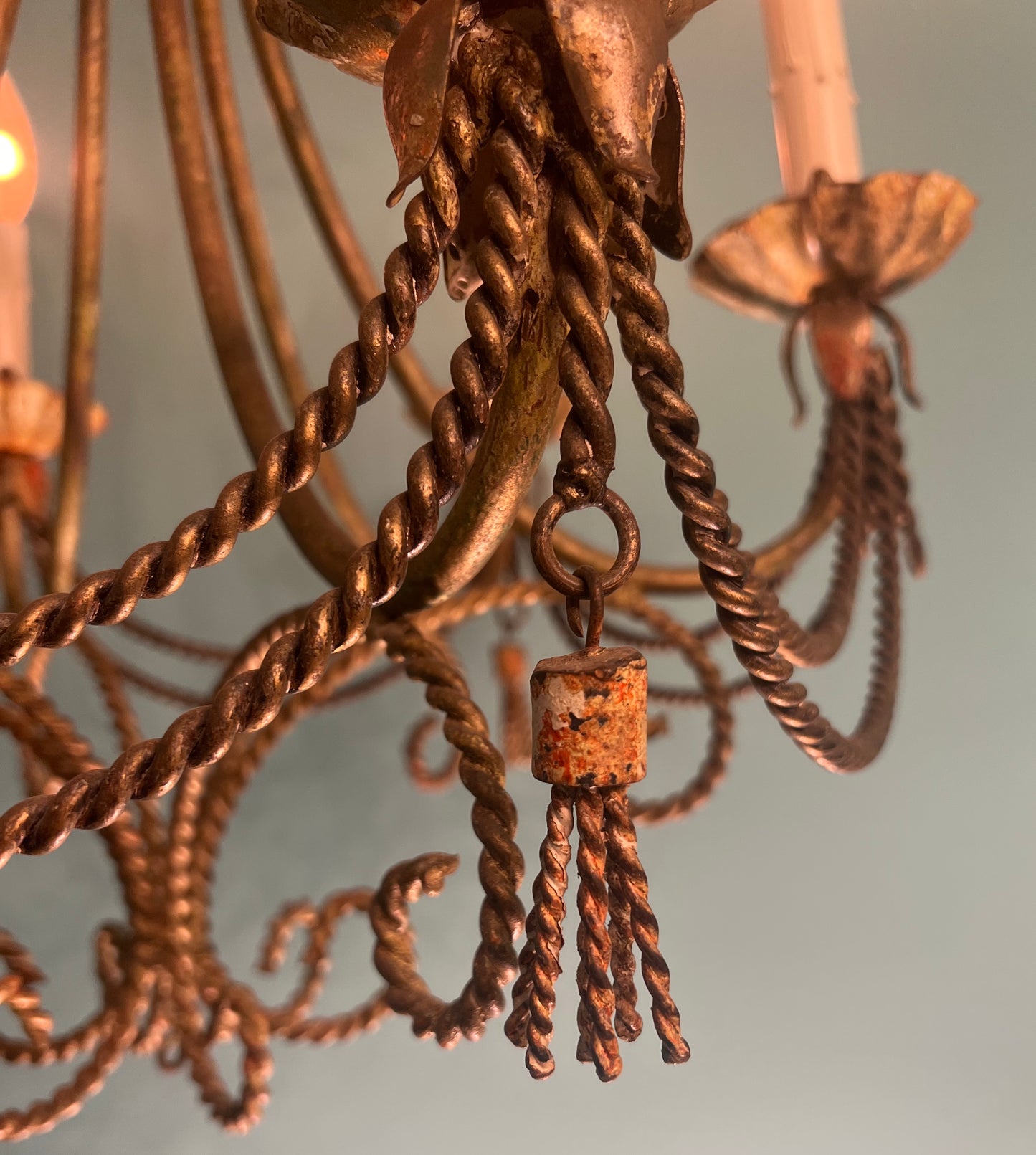 Vintage Italian Tole Hand-Painted 6-light Gilt Chandelier with Tassels and Patina