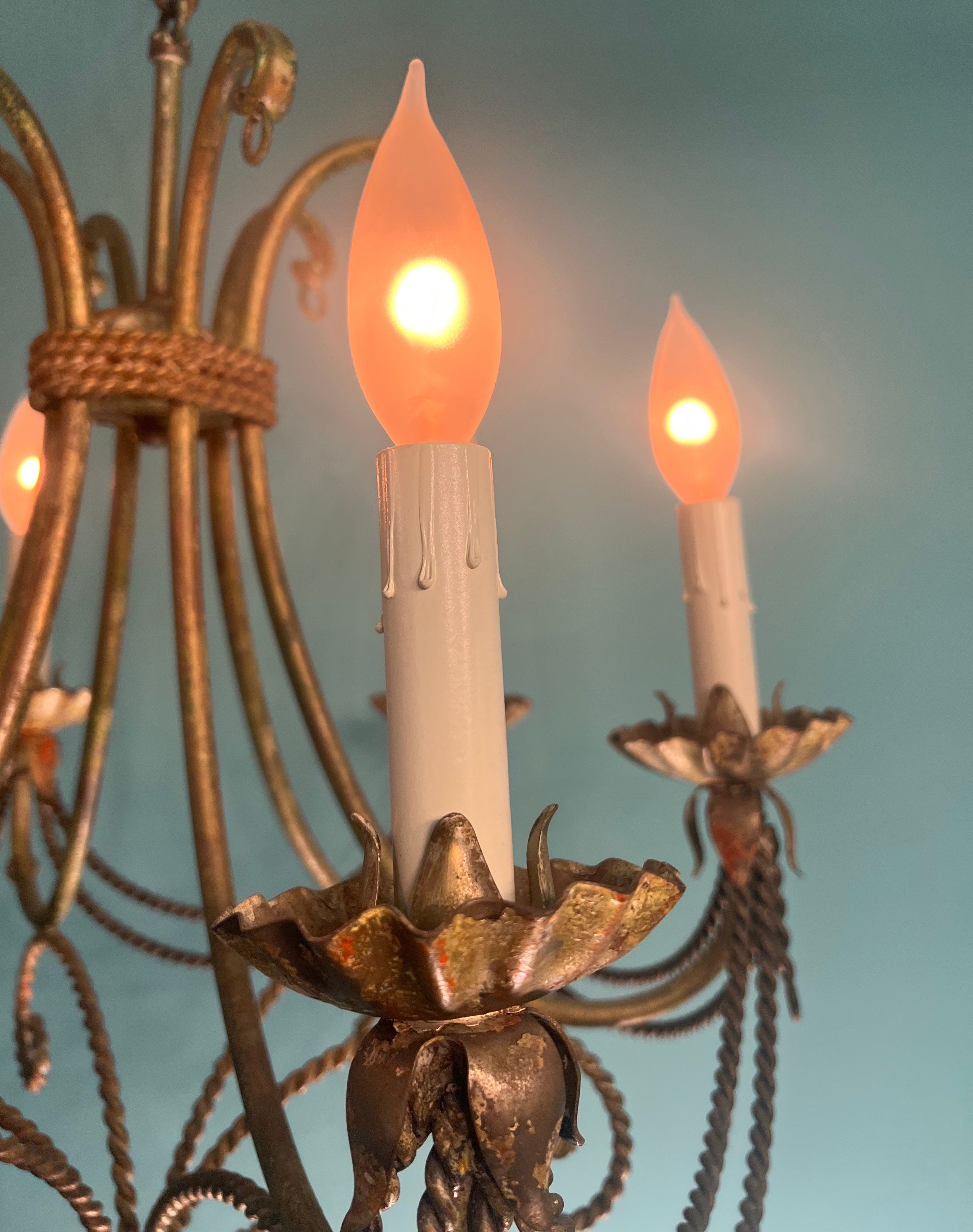 Vintage Italian Tole Hand-Painted 6-light Gilt Chandelier with