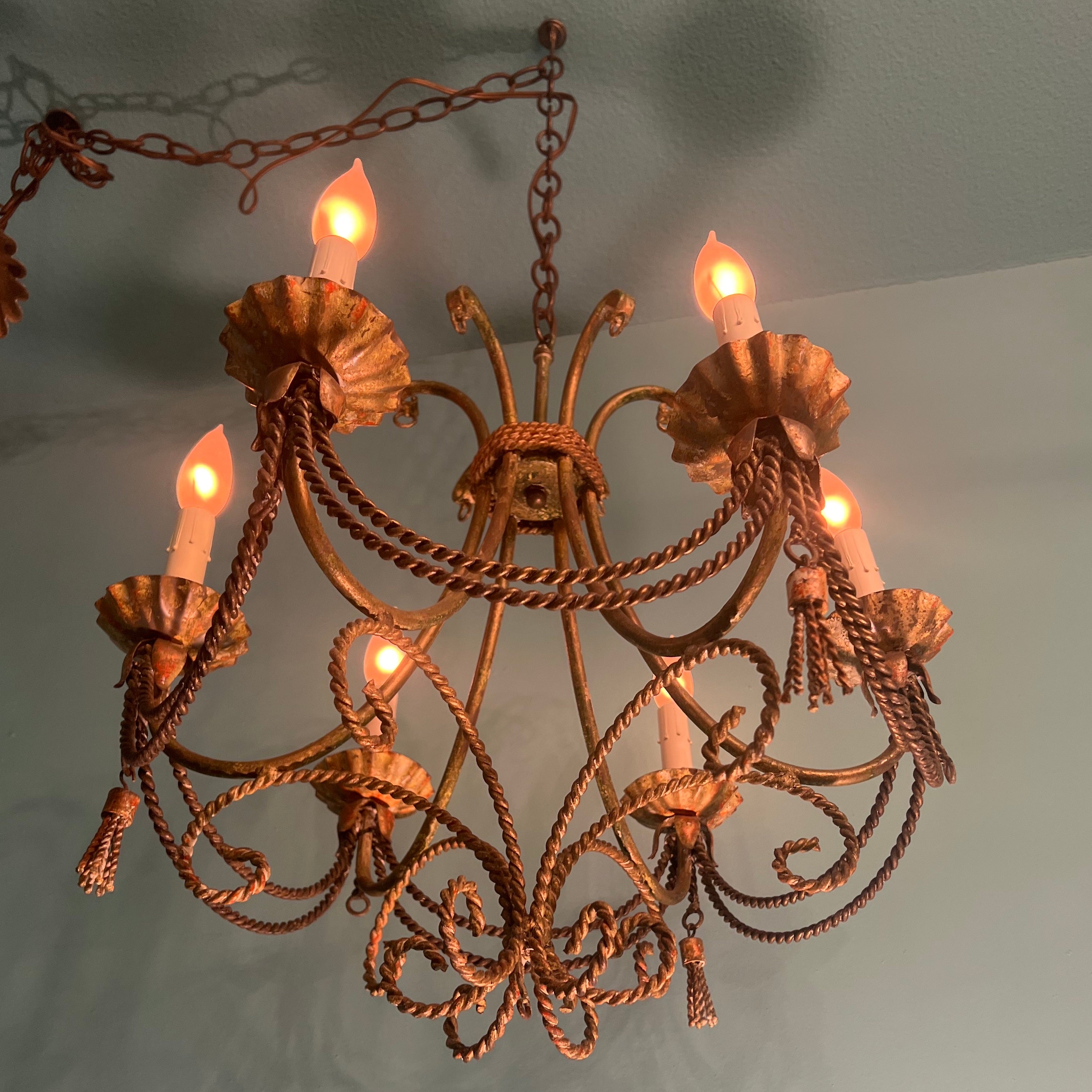Vintage Italian Tole Hand-Painted 6-light Gilt Chandelier with