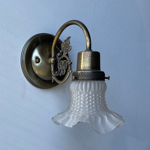 Vintage Victorian Antique Brass Fluted Glass Crimped-Edge Frosted Bell Shade Wall Sconces