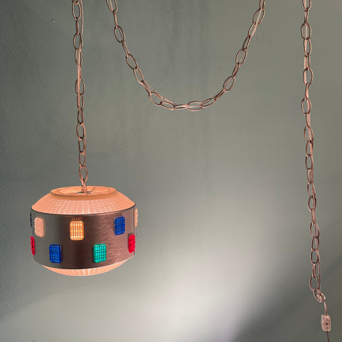 Vintage 1950s Mid Century Saucer Pendant with Rainbow Acrylic Details - Fully Restored MCM Atomic Plug-In Swag Lamp