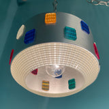 Vintage 1950s Mid Century Saucer Pendant with Rainbow Acrylic Details - Fully Restored MCM Atomic Plug-In Swag Lamp