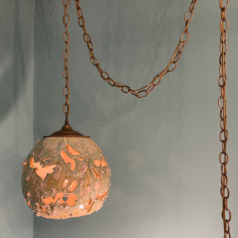 Vintage Handblown Blue & Green Ceramic Textured Pendant Light with Brass Plug-In Swag Hardware