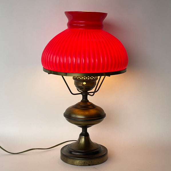 Vintage Early American Lamp with Red Student Shade