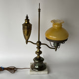 Vintage Early American Oil Lamp Brass Table Lamp with Marble Base and Honey Caramel Student Glass Shade