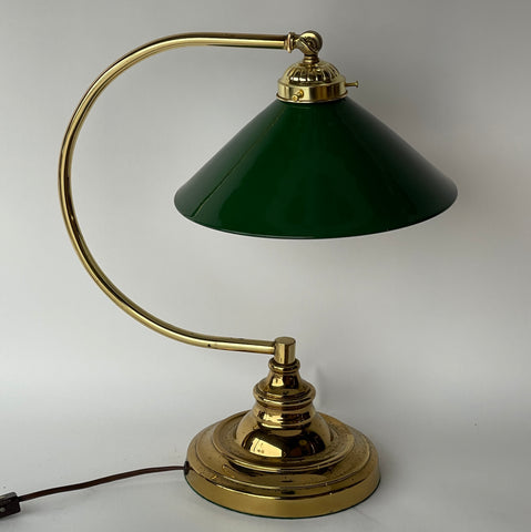 Traditional Polished Brass Banker Desk Lamp with Green Enamel Metal Shade