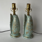 Pair of Mid Century Modern Blue Ceramic Shell Table Lamps with Hand Painted Gold Leaf Accents