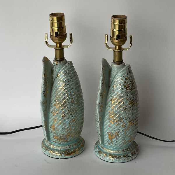 Pair of Blue Ceramic Shell Lamps
