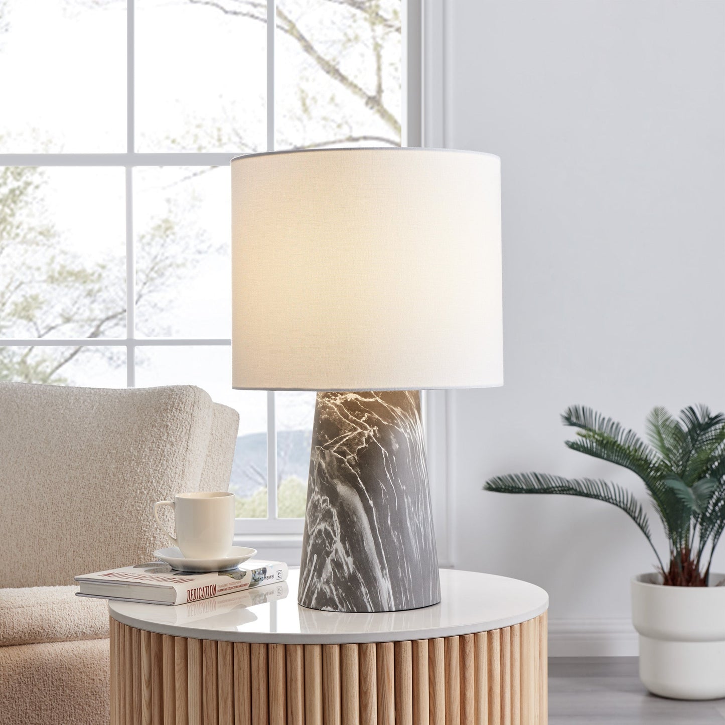 Granville Mini Retro MCM Black Marble & Birch Wood Table Lamp with Linen Drum Shade