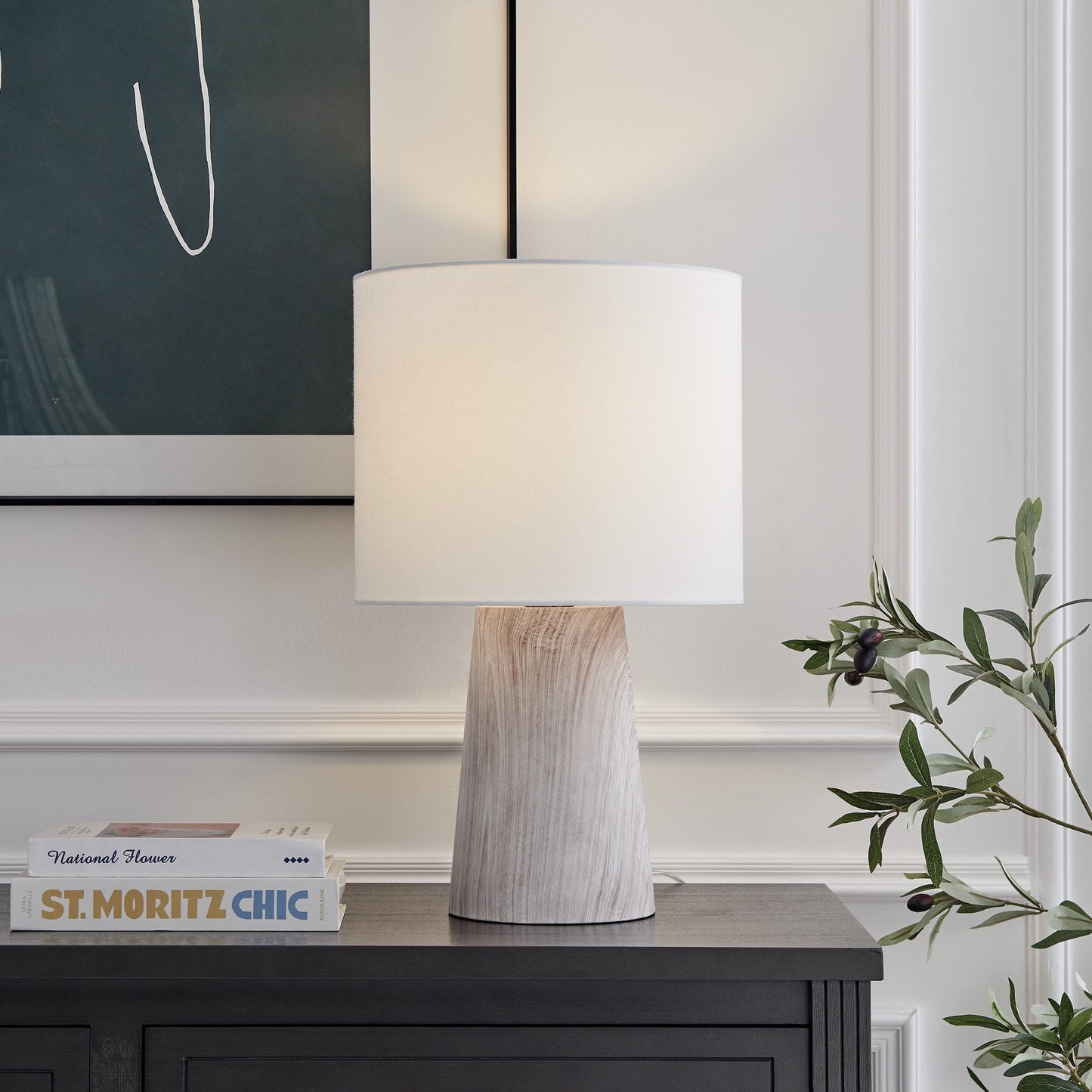 Granville Mini Retro MCM Black Marble & Birch Wood Table Lamp with Linen Drum Shade