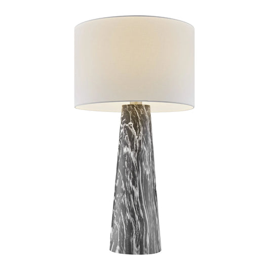 Granville Retro MCM Black Marble & Birch Wood Table Lamp with Linen Drum Shade