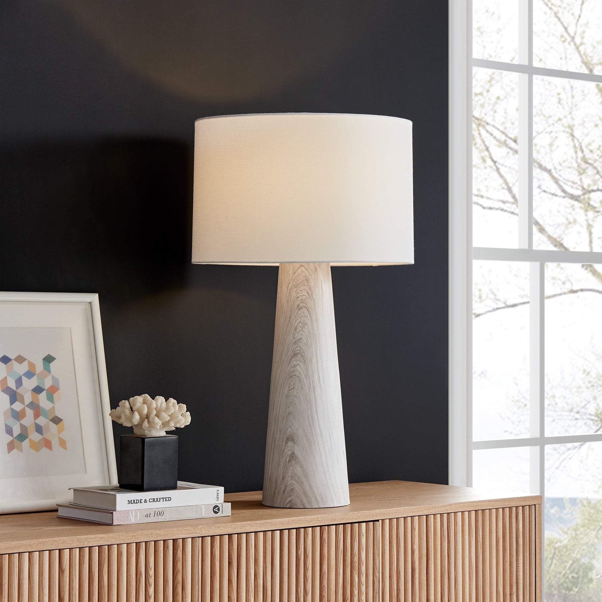 Granville Retro MCM Black Marble & Birch Wood Table Lamp with Linen Drum Shade
