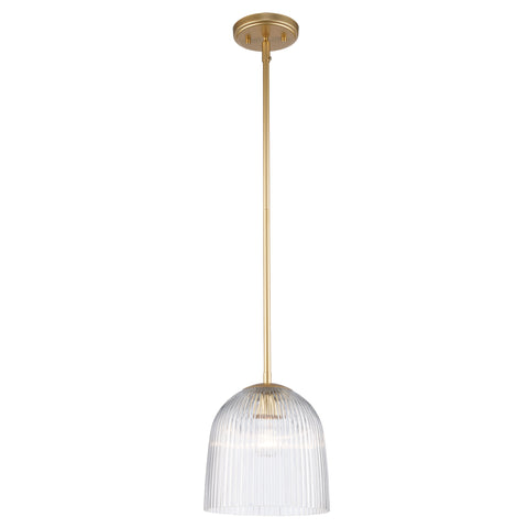 Meadow 12" Ribbed Clear Glass Dome 1-Light Pendant Fixture in Modern Brass