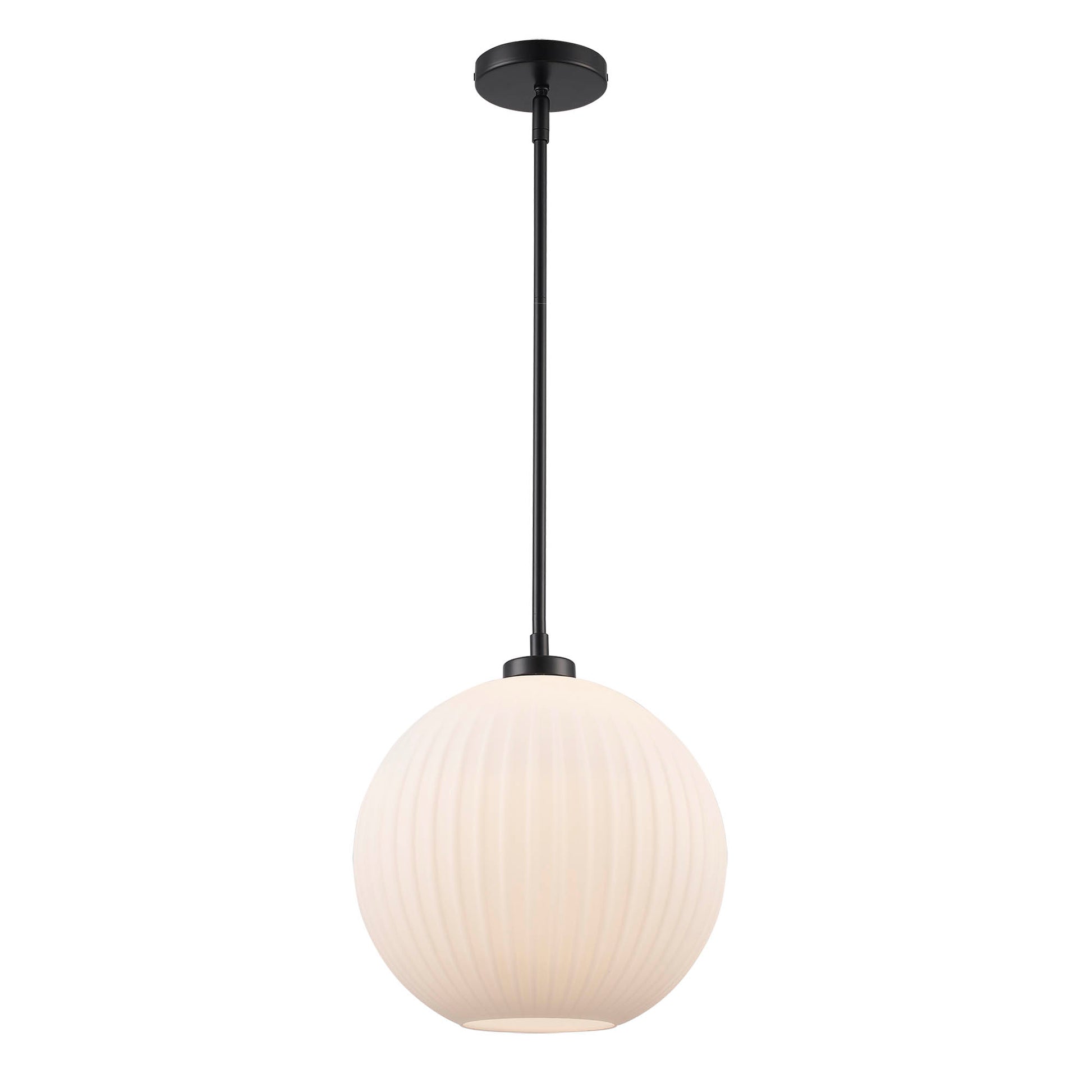 Skyline 12 Large Ribbed Glass Globe 1-Light Pendant Fixture in Modern Brass or Satin Black