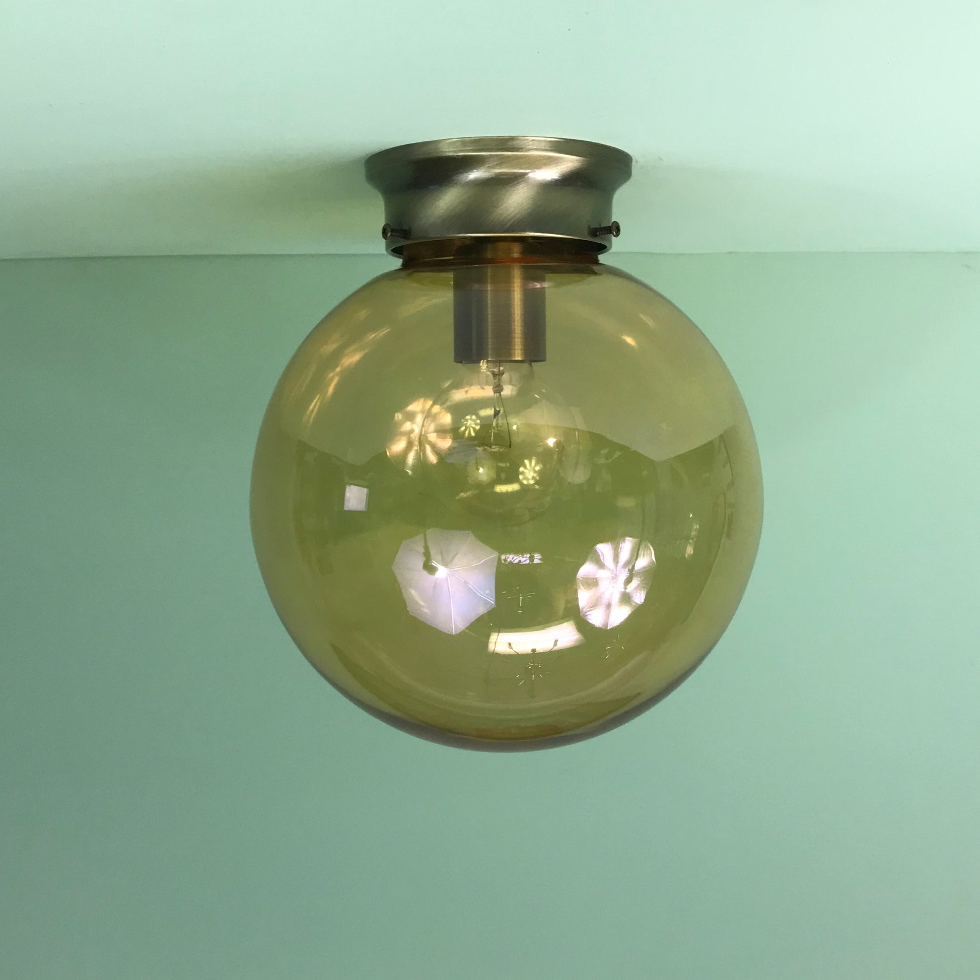 Retro 10" Amber Smoked Glass Flush Mount Light Fixture in Antique Brass