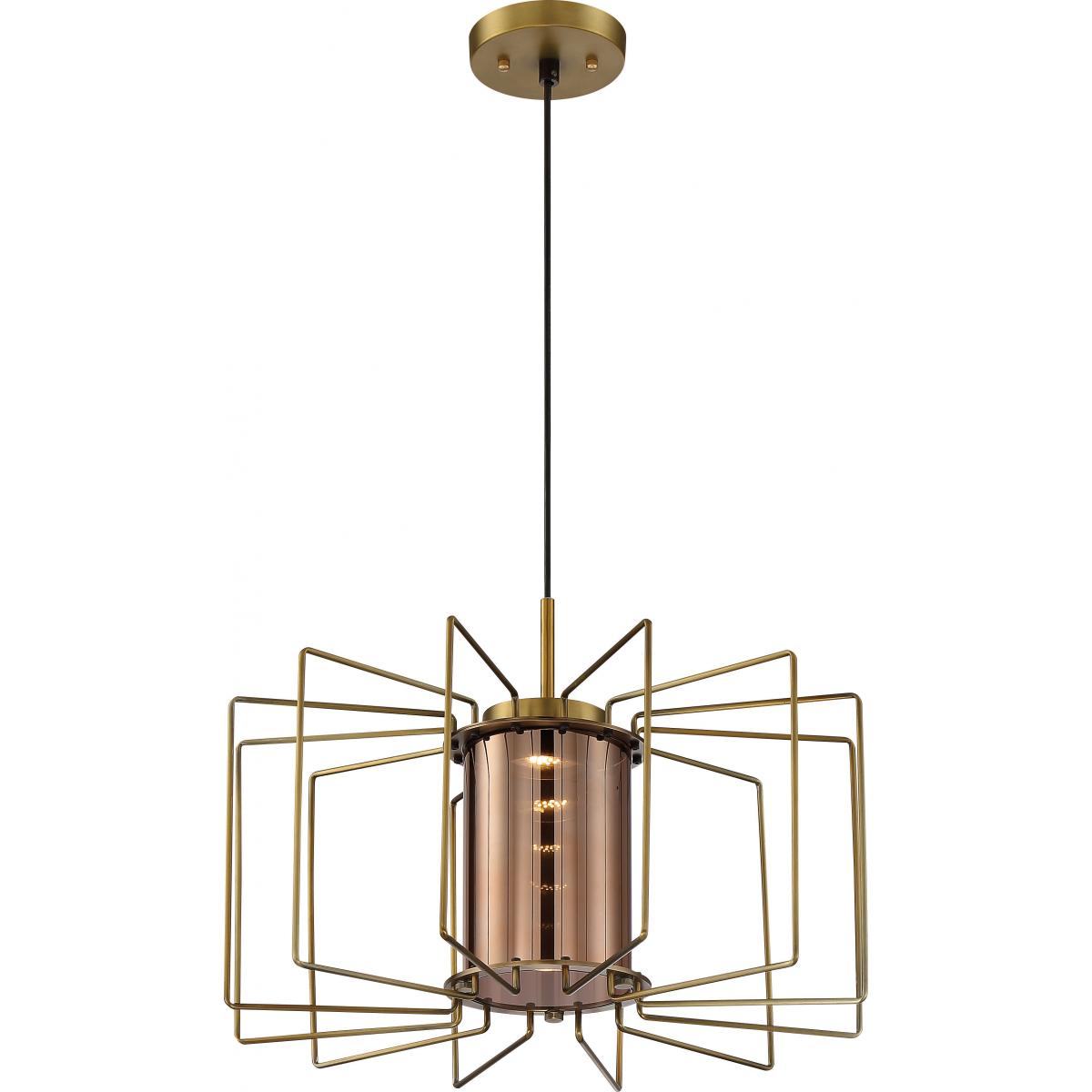 Wired LED Modern Cage Pendant by Nuvo Lighting  - Vintage Brass with Amber Glass
