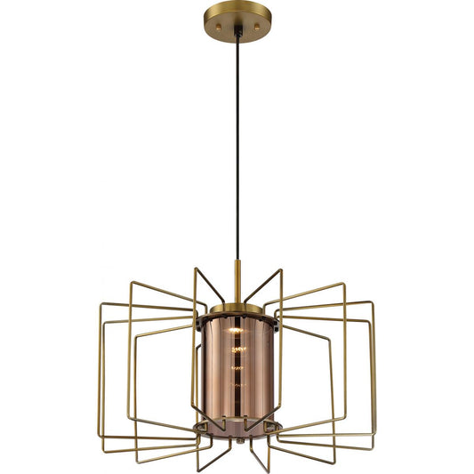 Wired LED Modern Cage Pendant by Nuvo Lighting  - Vintage Brass with Amber Glass