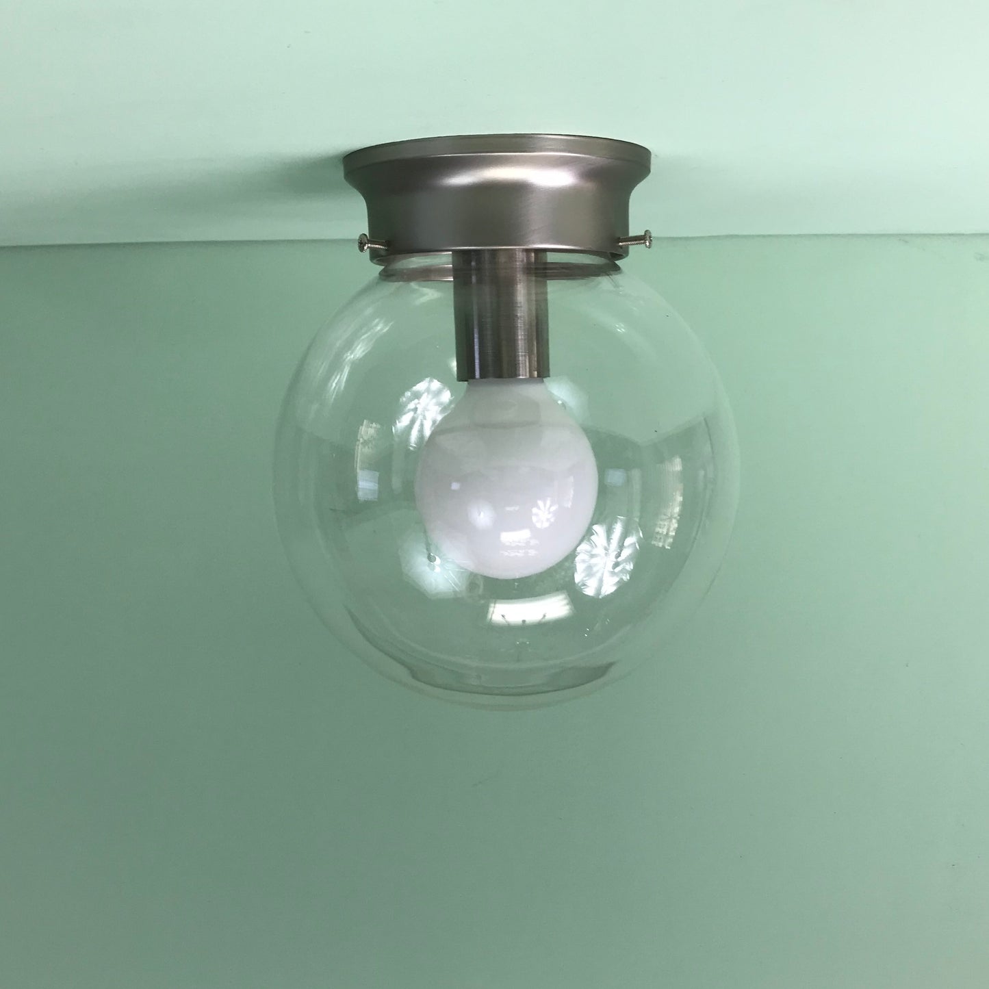 Modern 8" Clear Glass Globe Flush Mount Fixture with Satin Nickel Hardware