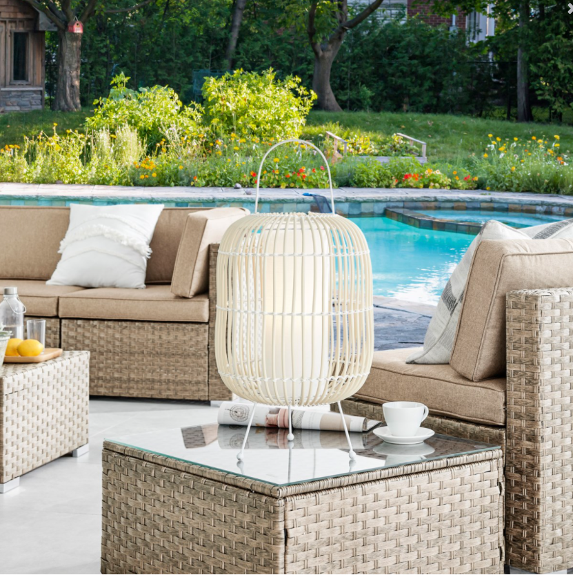 Clement Rattan Outdoor Lantern in Ivory Rechargeable LED Table