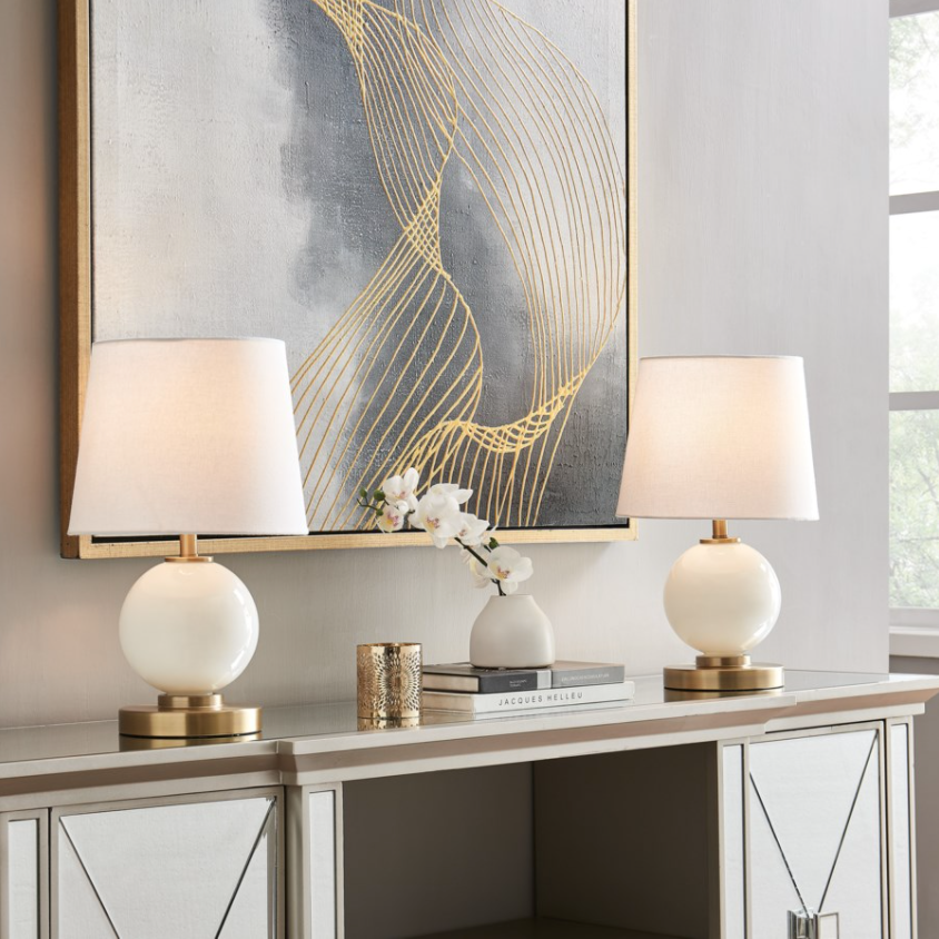 Eliza Opal Glass Round Modern Table Lamps with Linen Shades by