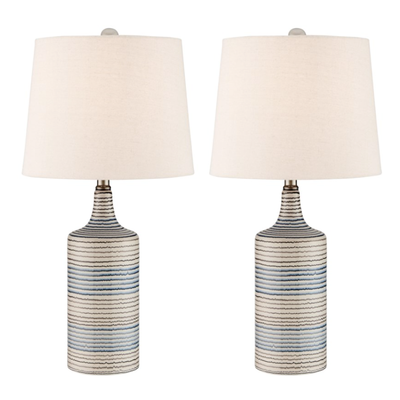 Felicia Pair of Striped Blue and White Ceramic Table Lamps with Linen Shades