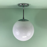 Mid Century Modern 10" Opal Glass Globe Pendant Light Chrome