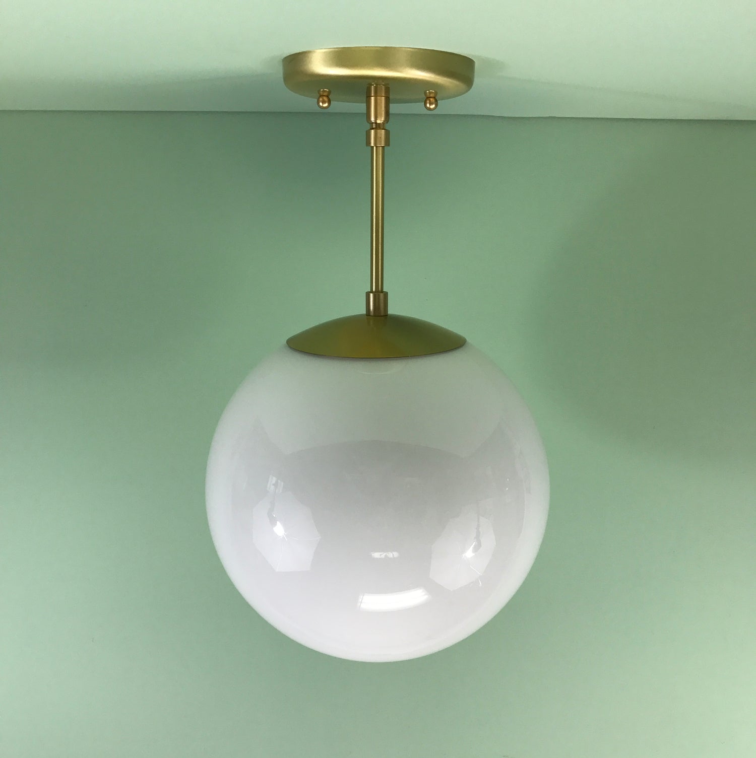 Mid Century Modern 10" Opal Glass Globe Pendant Light Satin Brass