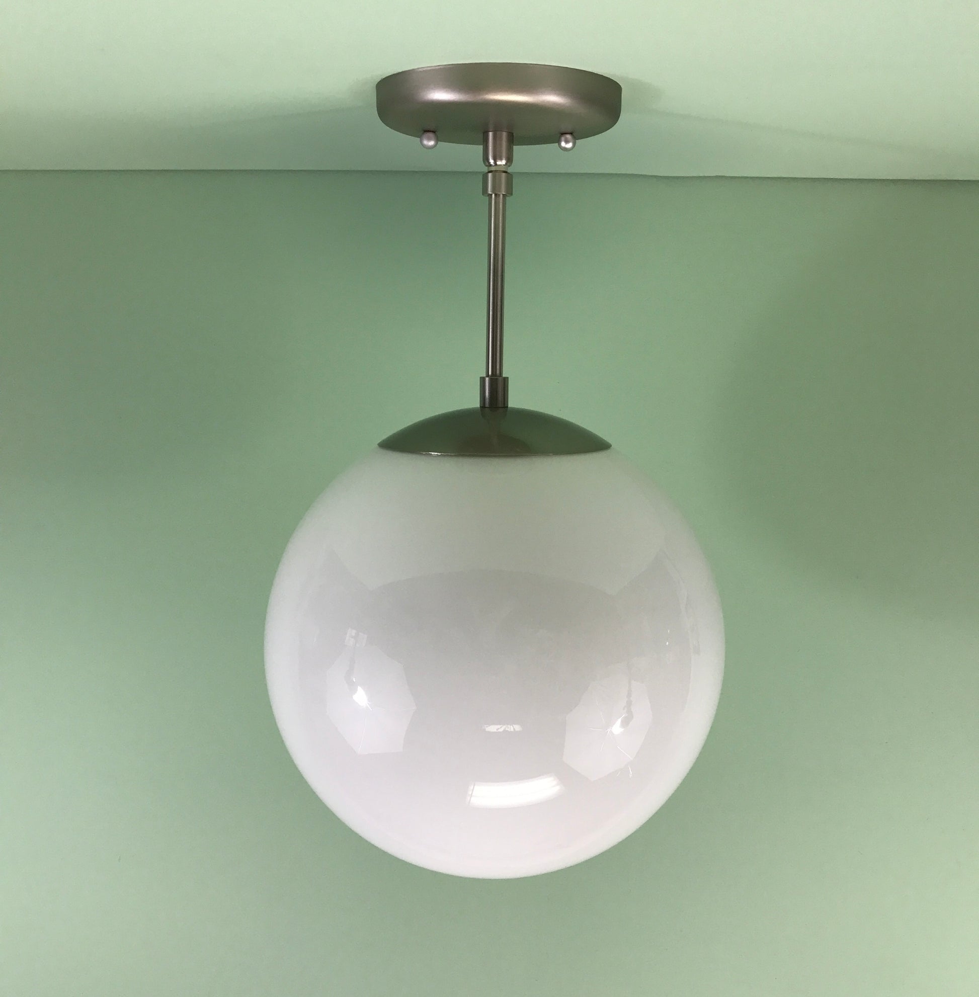 Mid Century Modern 10" Opal Glass Globe Pendant Light Satin Nickel