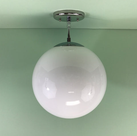 Custom Handmade Midcentury Modern 12" Opal Glass Globe Pendant Light Chrome