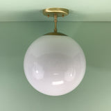 Handmade Custom Midcentury Modern 12" Opal Glass Globe Pendant Light Satin Brass