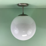 Handmade Custom Midcentury Modern 12" Opal Glass Globe Pendant Light Satin Nickel