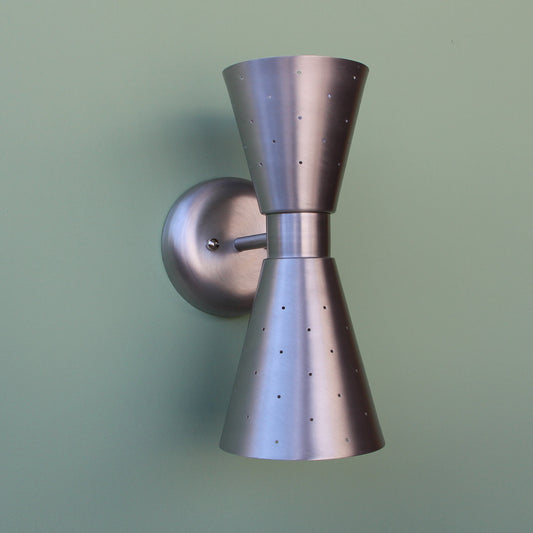 Midcentury Modern Dual Cone Pinhole Interior Wall SconceRetro Bowtie Dual Cone Exterior Wall Sconce Fixture with Pinholes in Satin Brushed Aluminum 