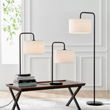 Orea Modern Minimalist Table + Floor Lamp Set - Black Lamps w/ Off-White Drum Shades