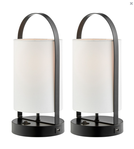 Obelia Modern Table Lamp Set w/ USB port - Black Metal + Linen Shade