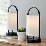 Obelia Modern Table Lamp Set w/ USB port - Black Metal + Linen Shade