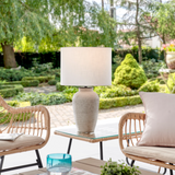 Claudine Cement Outdoor Table Lamp with Linen Drum Shade - Rechargeable LED Wireless Lamp
