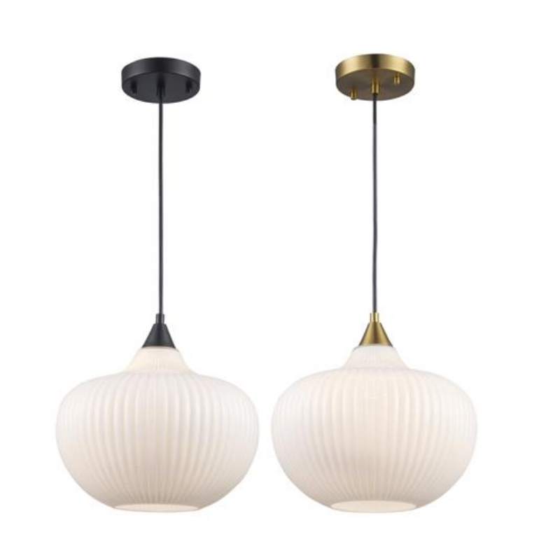 Aristo Ribbed Glass Oval 1 Light Pendant Fixture in Modern Brass